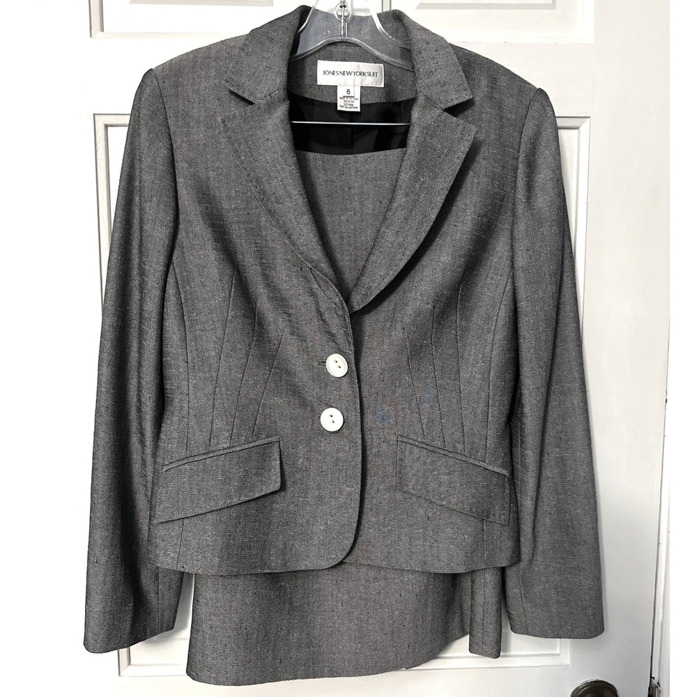 Jones New York Suit Gray Blazer Jacket & Skirt Set Women's Size 6‎ Career